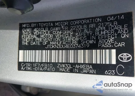 2014 Toyota Prius Three z USA, uszkodzony, nr VIN JTDKN3DU4E0374319